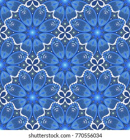 Seamless blue background with round  fantasy geometric patterns