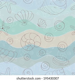 Seamless blue background with sea foam hand drawing waves and sea shells 2