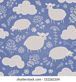 Seamless blue background with sheep, flowers and clouds. Vector pattern