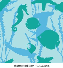 Seamless blue background with silhouettes of the underwater world