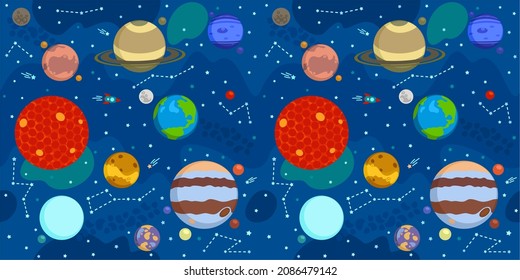 Seamless Blue Background Of Solar System With Cartoon Planets, Sun, Mars, Mercury, Earth, Venus, Jupiter, Saturn, Uranus, Neptune, Pluto 