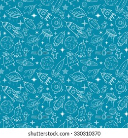 Seamless blue background with space elements, space ships, planets, astronauts, stars etc