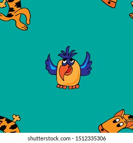 Seamless blue background with a tiger and a parrot. Cartoon, flat style hand drawn. Wild african savannah. Design for wrapping paper, fabric, wallpaper. Vector illustration.