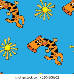 Seamless blue background with tiger and sun. Cartoon, flat style hand drawn. Wild african savannah. Design for wrapping paper, fabric, wallpaper. Vector illustration.