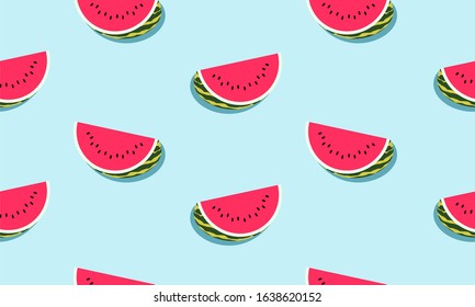 Seamless blue background with watermelon slices with shadow. Vector illustration design for greeting card or template.
