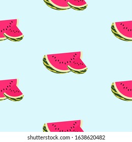 Seamless blue background with watermelon slices. Vector illustration design for greeting card or template.