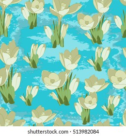 Seamless blue background with white crocuses.