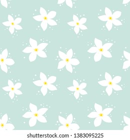 Seamless blue background with white flowers and dots. Soft spring background. Summer background with flowers. Cartoon flowers. Blooming flowers.