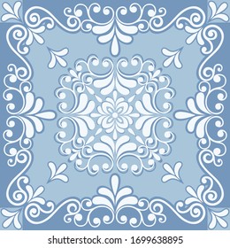 Nahtloser blauer Hintergrund mit weißem Muster im Barockstil. Vektorillustration Retro-Illustration. Ideal für den Druck auf Stoff oder Papier für Tapeten, Textilien, Umhüllung. 