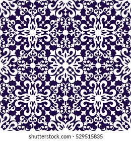 Seamless blue background with white pattern in baroque style.