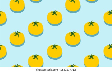 Seamless blue background with yellow tomatoes with shadow. Vector  illustration design with vegetables for template.