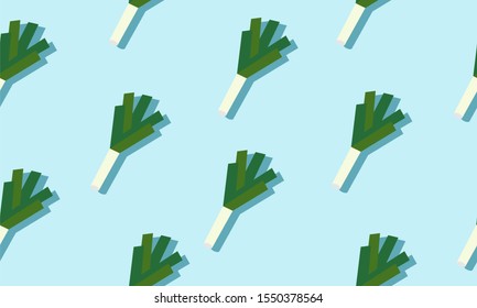 Seamless blue background with young onion with shadow. Vector  illustration design with vegetables for template.
