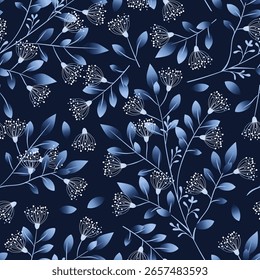 Seamless blue beautiful pattern. Leaves illustration.