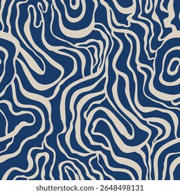 Seamless blue and beige abstract wavy pattern. Organic, fluid lines create a modern, psychedelic texture perfect for textile, wallpaper, packaging, or backgrounds.	