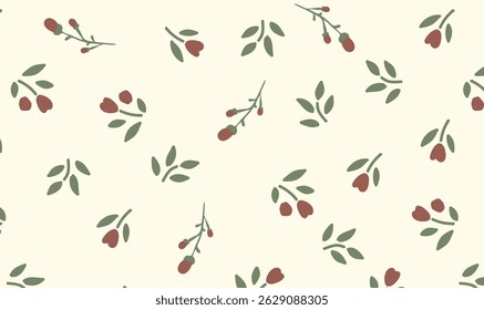 Seamless Blue Berry and Aqua Leaf Pattern on Gray Background