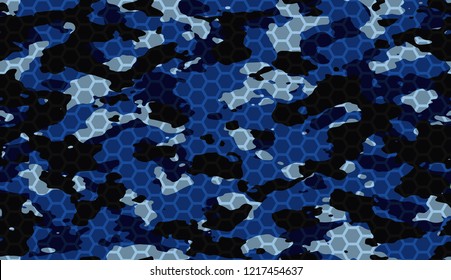 Seamless Blue And Black Camo With Hi-tech Hexagonal Grid Pattern Vector