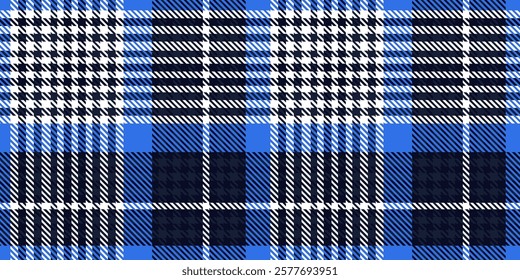 A seamless blue and black tartan plaid pattern with diagonal striped accents, perfect for textiles, fashion, and backgrounds.