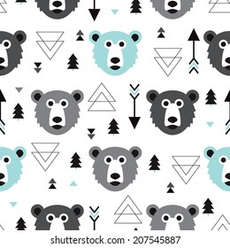 Seamless blue black white geometric pastel grizzly bear illustration and arrow background pattern in vector