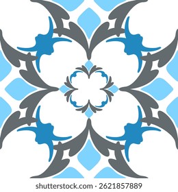 Seamless Blue Blossom Geometry, Frost Petal Lattice Pattern. 