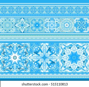 Seamless blue border with snowflakes in mandala style. Vector horizontal seamless wrapping or pack paper pattern