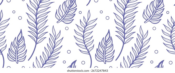 Nahtloses blaues botanisches Muster mit handgezeichneten Blättern und Zweigen. Eleganter floraler Hintergrund für Textilien, Tapeten und Verpackungsdesign. Dekorative Naturdarstellung im Minimalstil.