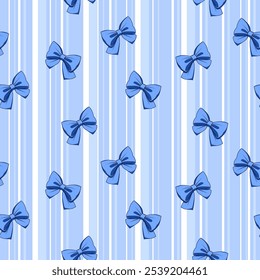 Seamless blue bow pattern on striped blue background, cute ribbon design, soft blue bows illustration repeat background, pastel blue stripes, elegant decoration, vector pattern, wallpaper