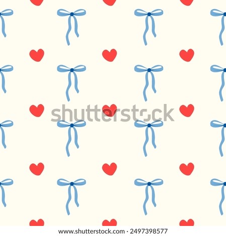 Seamless blue bows with red hearts in cartoon style. Cute trendy design. Vector funky illustration. Ballet-core, coquette-core background