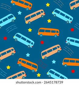 seamless blue bus cartoon vector design pattern for kids apparel fullprint. This design is suitable for children's clothing textile industry