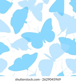 Seamless blue butterfly pattern in soft pastel tones. Elegant vector illustration of flying silhouettes creates a dreamy, airy fee perfect for boys birthday decor, fabric, or spring themed designs