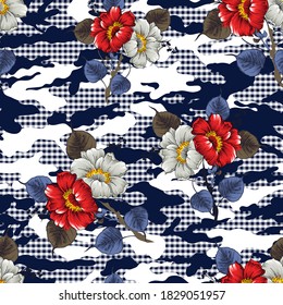 seamless blue camouflage  and flower pattern