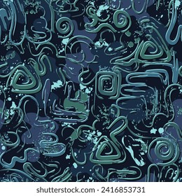 Seamless blue camouflage pattern with abstract wavy shapes, swirls, twirls, paint brush strokes, blots, spattered paint. Dense random composition. Grunge texture