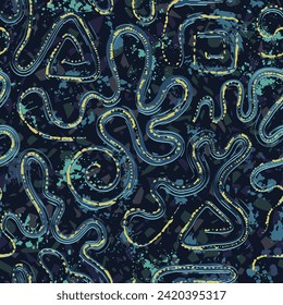 Patrón de camuflaje azul transparente con formas onduladas abstractas, agitaciones, torres, trazos de pincel, manchas, pintura salpicada. Composición aleatoria densa. Grunge textura