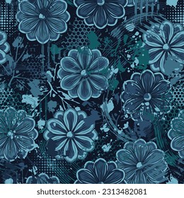 Seamless blue camouflage pattern with chamomile flower,grunge paint brush strokes, abstract paint splatter, smudge, hexagon shapes. Good for apparel, fabric, textile, sport goods. Grunge texture
