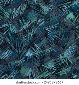Nahtloses blaues Tarnmuster mit chaotischen Grunge-Zickzacklinien. Frayed Textur, Schmutzfarbe. Dichter, zufälliger, chaotischer Aufbau. Für Bekleidung, Gewebe, Textilien, Sportartikel. Grunge-Stil