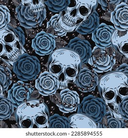 Seamless blue camouflage pattern with human skull, roses, scattred beads. Good for woman clothing, apparel, fabric, textile, sport goods design. Detailed illustration in vintage style.