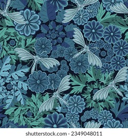 Seamless blue camouflage pattern with nature elements, chamomile flower, moth, butterfly, forest leaves. Fractal, spiral, funnel shapes with elements. For apparel, fabric, textile design