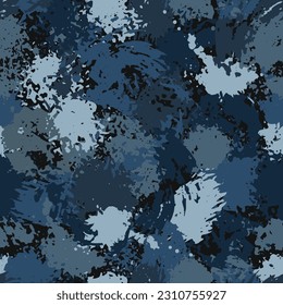 Nahtlose blaue Tarnmuster mit Farbspritzer, Flecken, Blässern, Farbverschmutzungen. Gut für Bekleidung, Gewebe, Textilien, Oberflächengestaltung. Für Drucke, Kleidung, T-Shirt, Oberflächendesign. Vintage-Stil