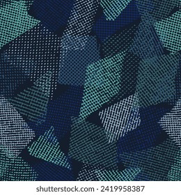 Seamless blue camouflage pattern with random scattered overlapping tulle pieces, patches. Mesh structure. Random composition. For apparel, fabric, textile, sport goods Grunge texture