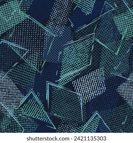 Seamless blue camouflage pattern with random scattered overlapping tulle pieces, patches, outline geometric shapes. Random composition. For apparel, fabric, textile, sport goods Grunge texture
