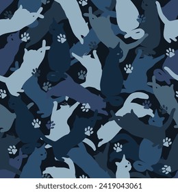 Seamless blue camouflage pattern with silhouettes of jumping, playing, sitting cats, paw print. Flat style