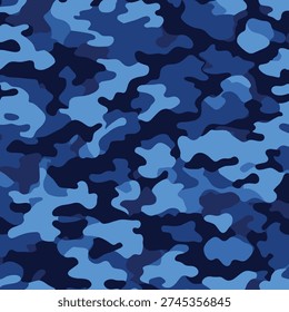 Seamless Blue Camouflage Pattern Vector, Navy and Azure Military Camo Background for Textile and Wallpaper, Abstract Marine Camouflage Texture for Apparel, Hunting and Web Design