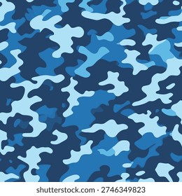 Seamless Blue Camouflage Pattern Vector, Modern Military Background in Navy and Azure, Abstract Urban Camo for Textile and Apparel Design, Trendy Sportswear Surface Texture, Wallpaper Digital Prints