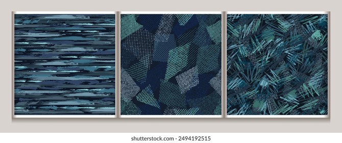Seamless blue camouflage patterns. Abstract lines and shapes. Grunge texture. For apparel, fabric, textile, sport goods.