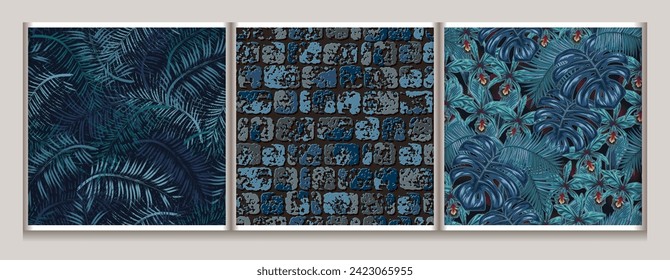 Seamless blue camouflage patterns with nature elements. Floral motifs with leaves, flowers, brick stones. For apparel, fabric, textile, sport good design.