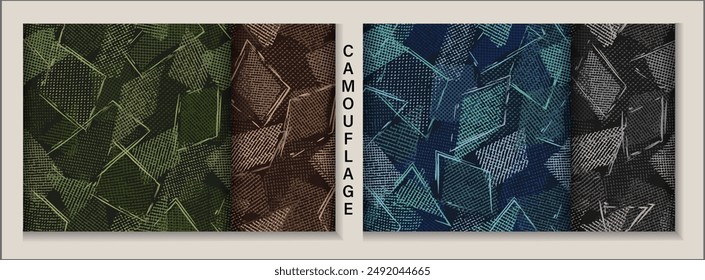 Seamless blue camouflage patterns with random scattered overlapping tulle pieces, patches, outline geometric shapes. Random composition. For apparel, fabric, textile, sport goods Grunge texture