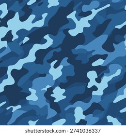 Seamless Blue Camouflage Vector Pattern Background. Modern Abstract Navy Marine Camo Texture. Tactical Military Army Fabric Print Design. Fluid Wave Urban Fashion Apparel Wallpaper Illustration.