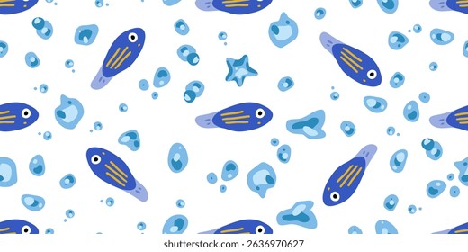 Seamless Blue Cartoon Fish Pattern. Cute blue fish and bubbles in a playful underwater arrangement, flat cartoon style, on a white seamless background.

