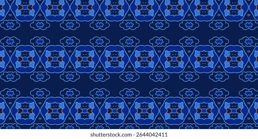 Seamless blue cat pattern with clouds on dark background, perfect for textiles, digital wallpapers, or playful decorative themes. 