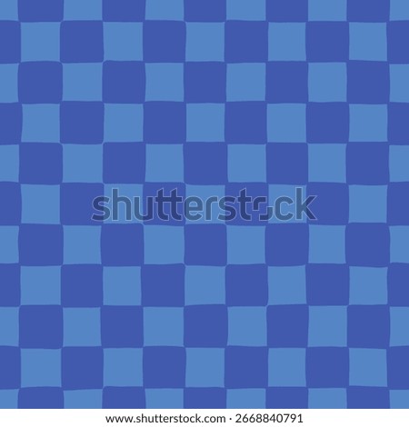Seamless blue checkerboard pattern with hand-drawn squares. Playful geometric checkered background. Vector design