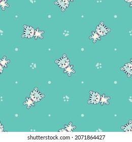 Seamless blue child pattern of cartoon tiger animals. Vector flat illustration for wrapper or wallpaper